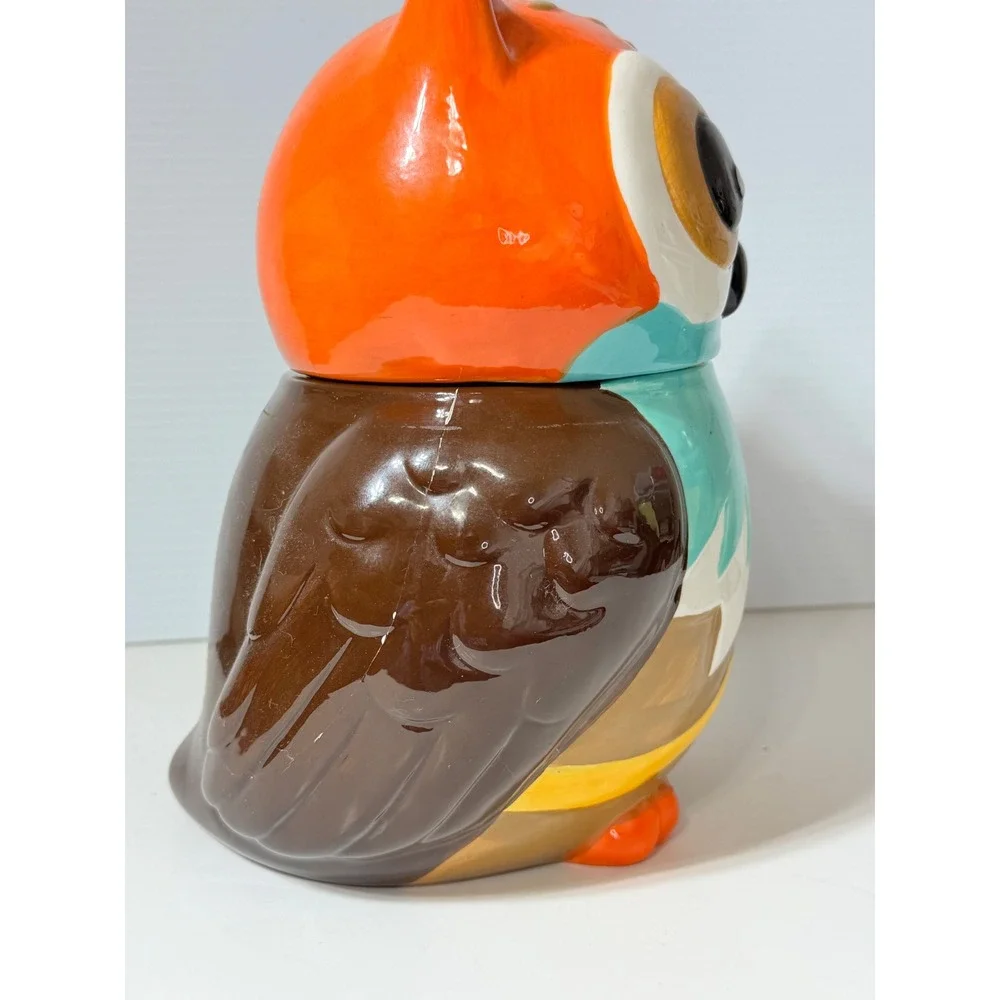 Ceramic Owl Cookie Jar Orange Brown Teal Glossy Fall Decor 9.75in H